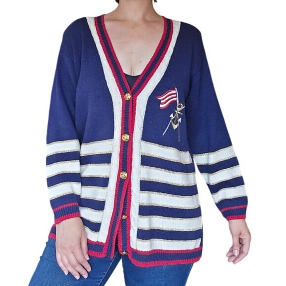 Vintage 90s Jason Maxwell Preppy Nautical V Neck Cardigan Sweater Women Size M - Picture 1 of 9